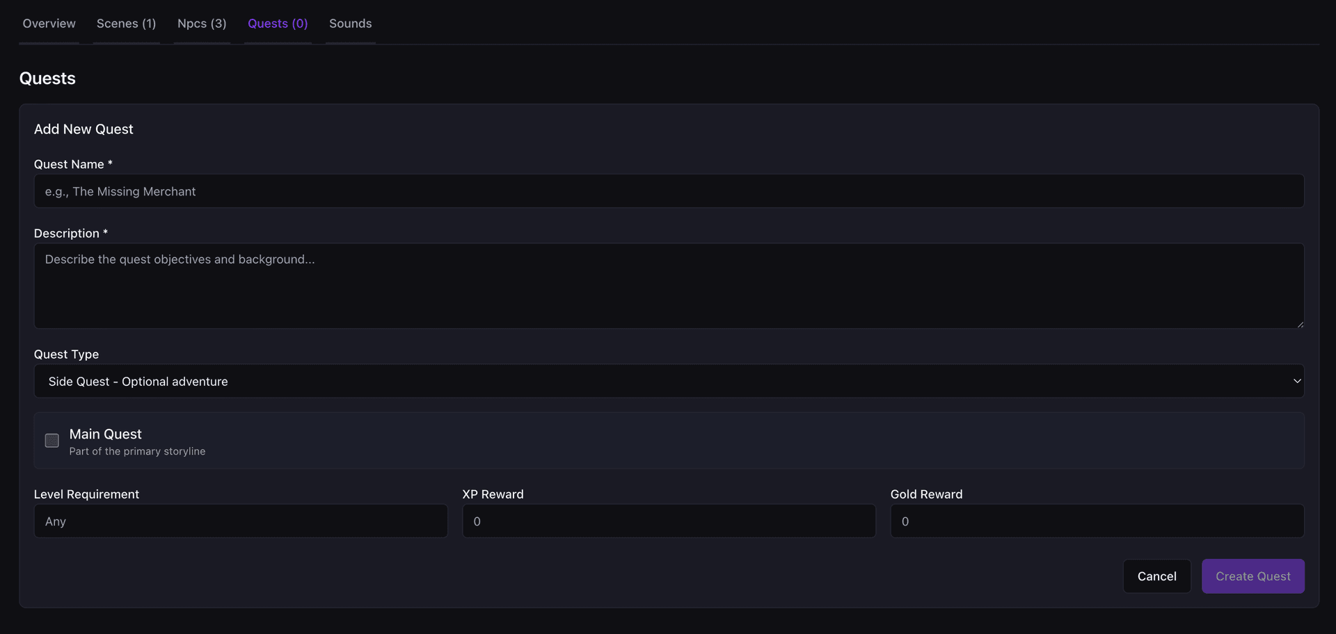 Quest editor interface showing story objectives and outcomes
