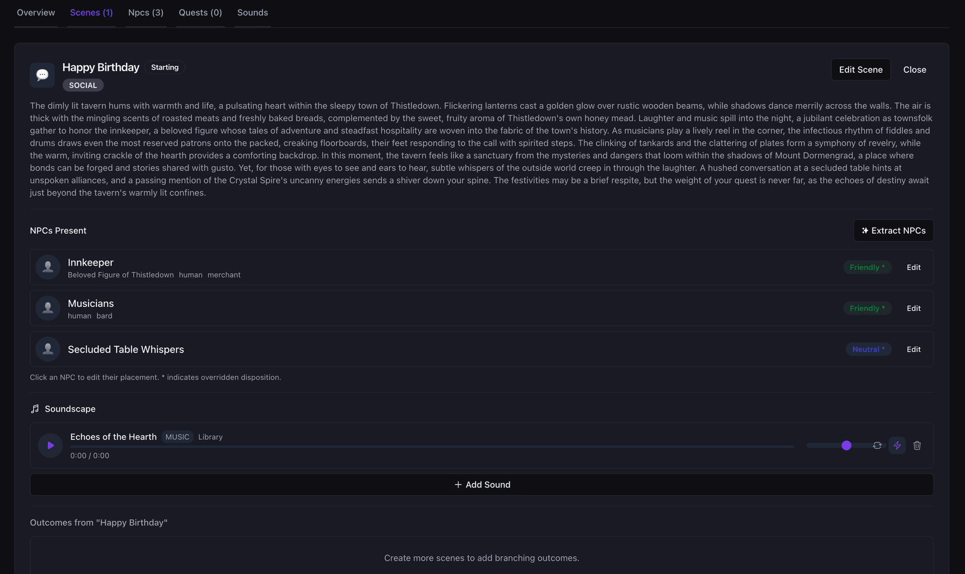 Campaign scene editor interface showing scene details and NPC management