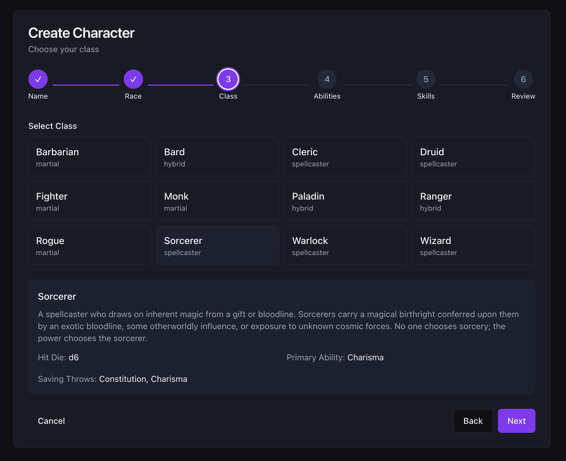 Character creation wizard showing race and class selection