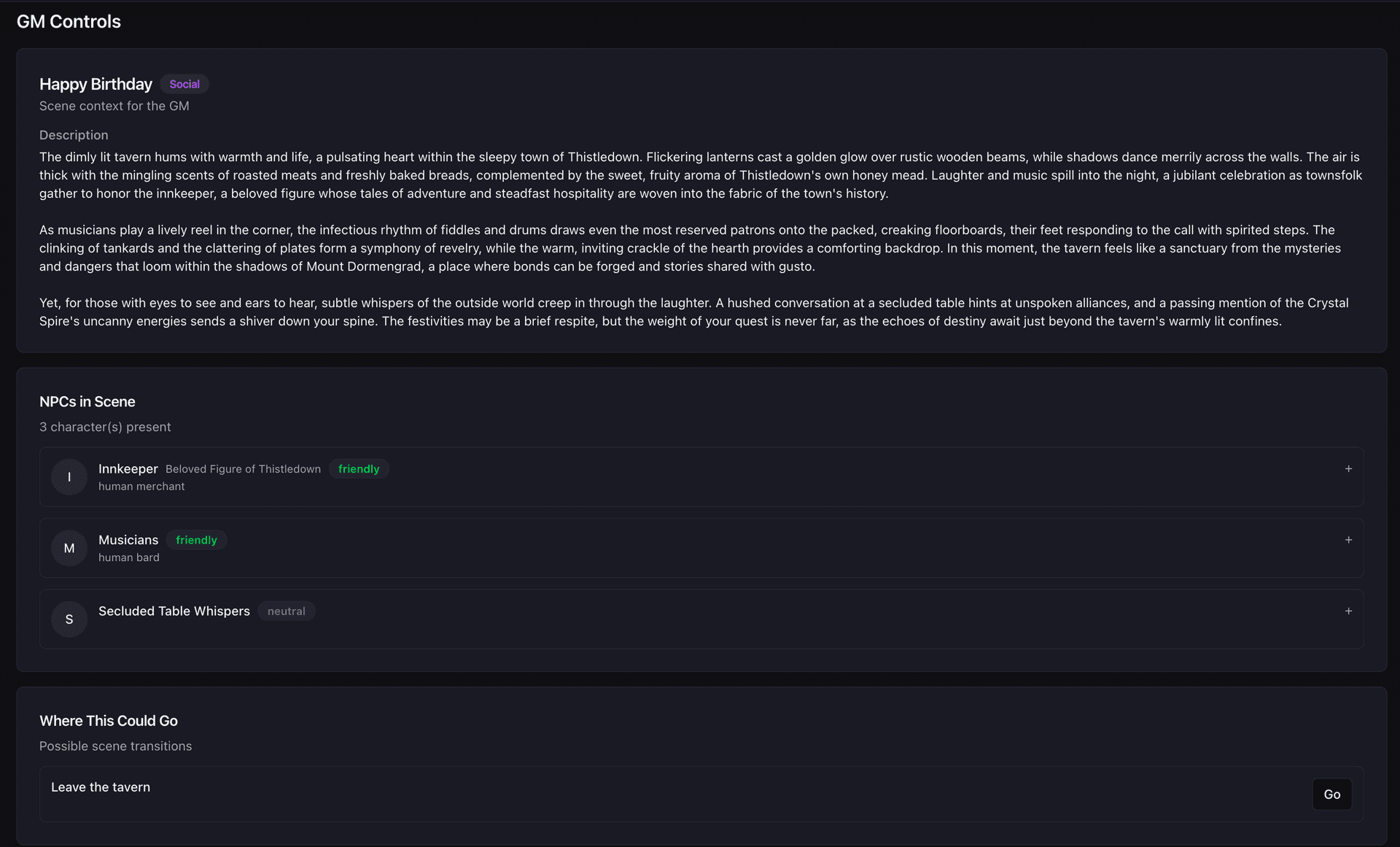 GM session management interface with narrative controls and combat tracker