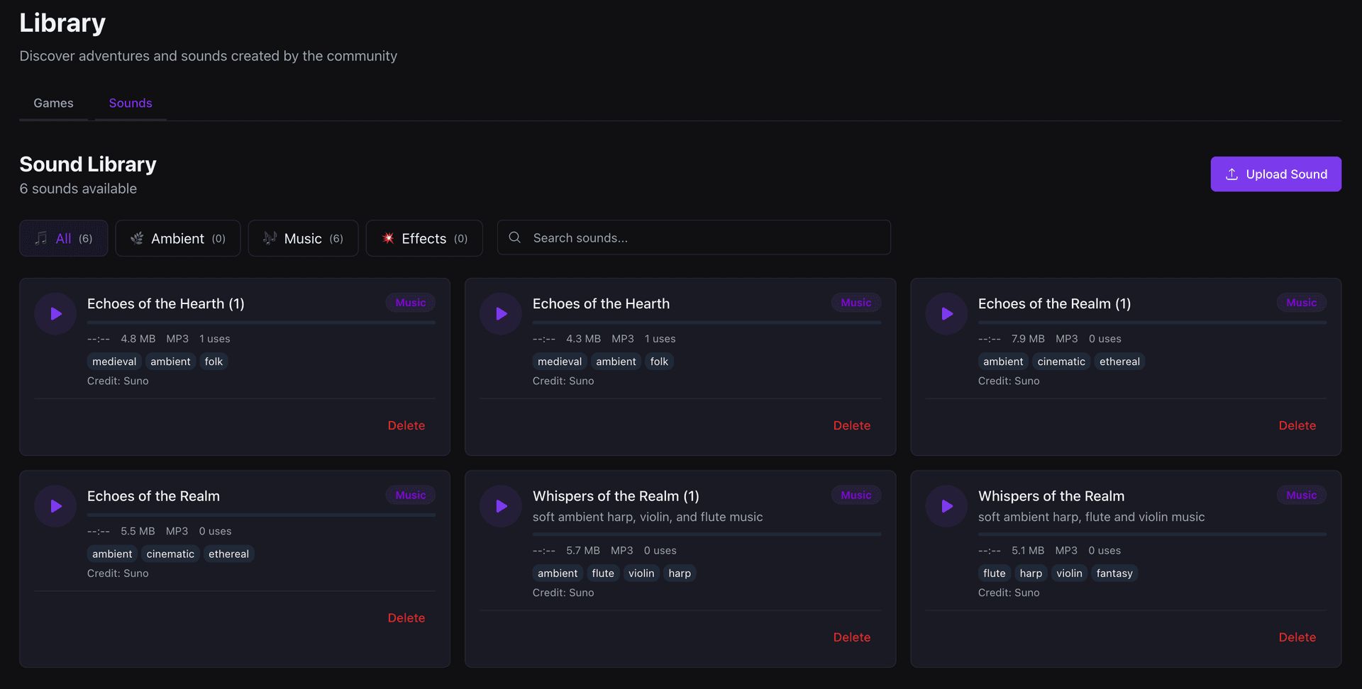 Sound library interface showing ambient tracks and categories
